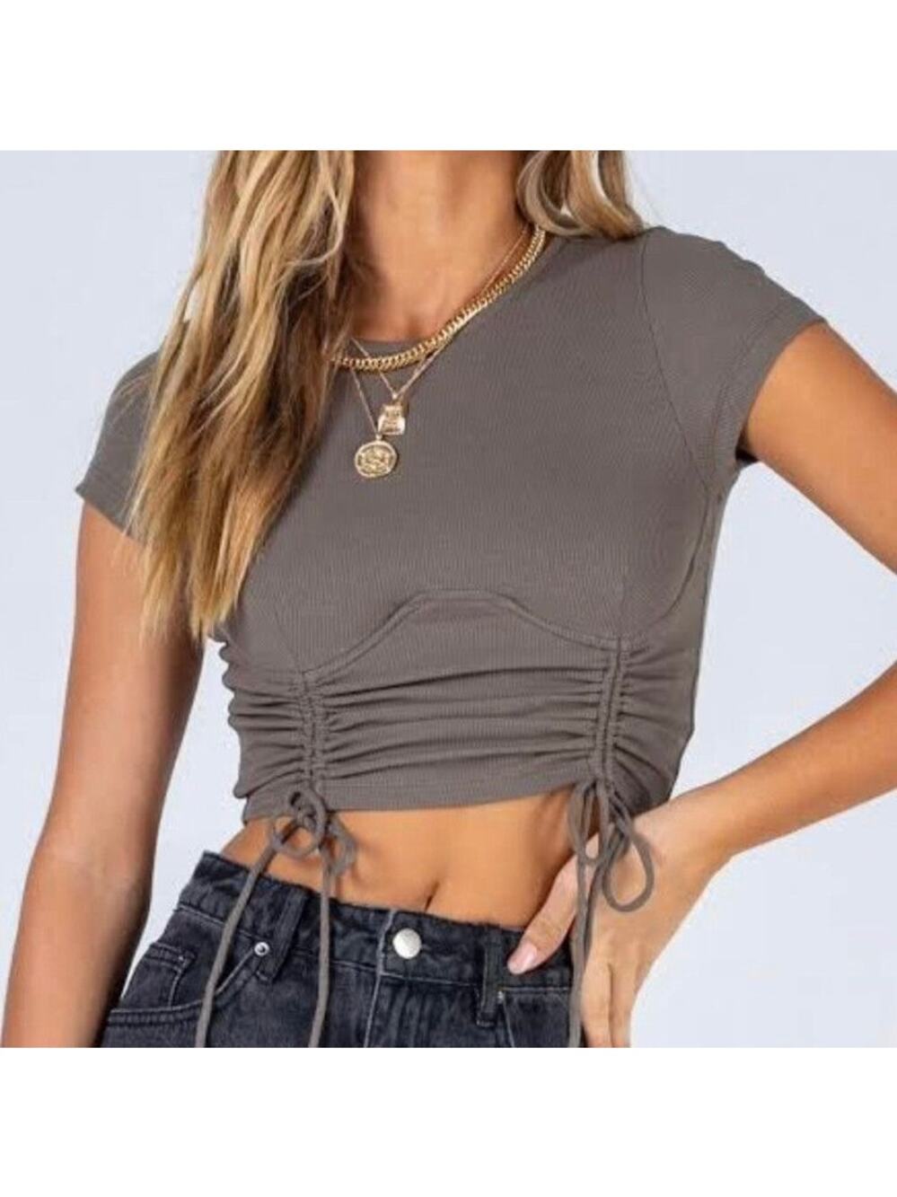 Princess Polly Olive Underwire Double Tie Front Crop Top Short Sleeve Round Neck